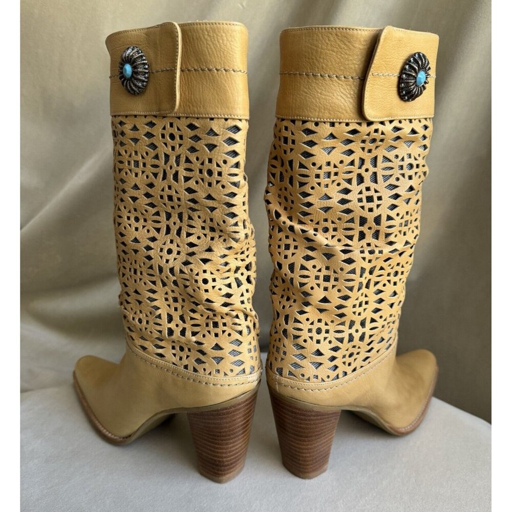 Stuart Weitzman Tan Leather Western Size 7 Heel Boots Turquoise - Picture 7 of 10